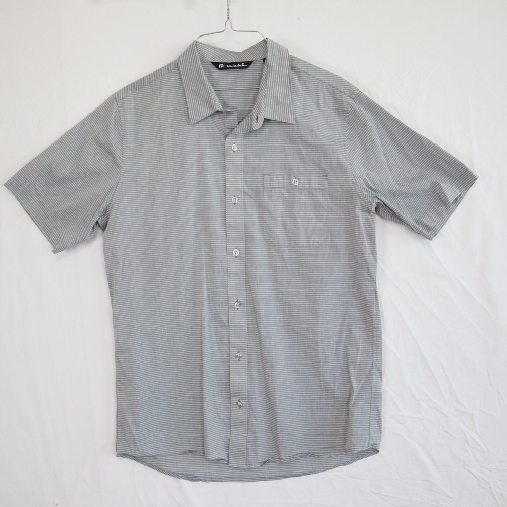 Travis Mathew Shirt Mens Medium Casual Pocket Button Gray Striped Short Sleeve